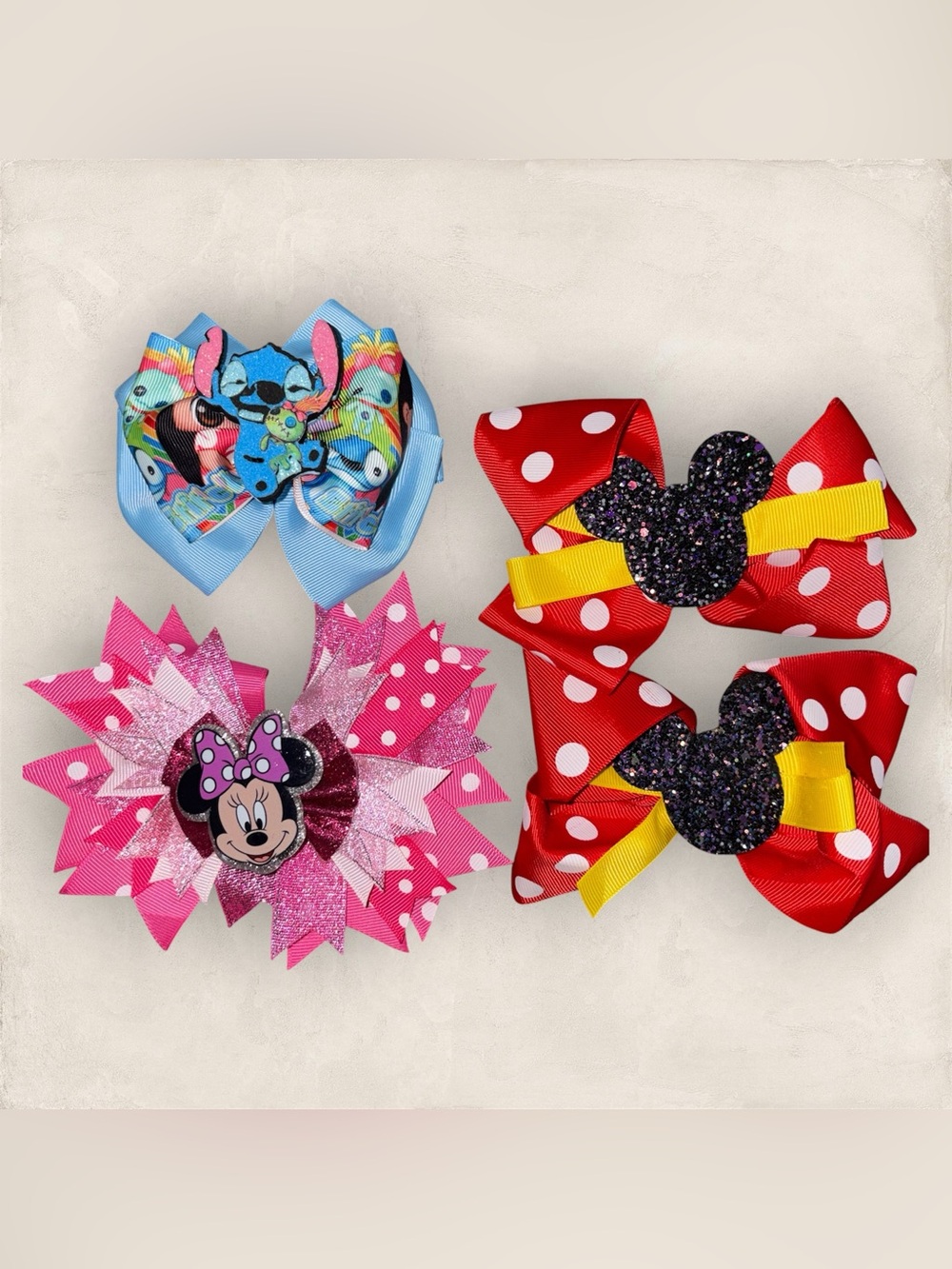 Disney-Inspired Handmade Hair Bows Lot – Mickey Minnie & Stitch (4 Pieces)